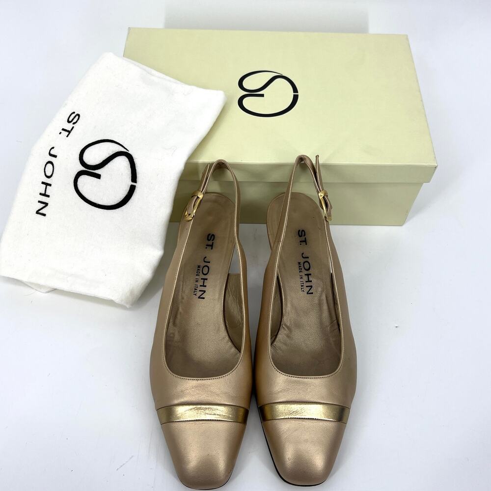 St. John Italy Gold Leather Slingback Heels Shoes Size 8 with Box and dust bag